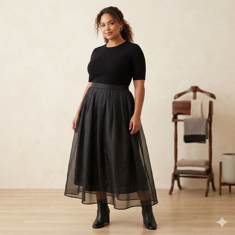Vintage Rena Rowan Black tulle Silk Organza Maxi Skirt Womens Plus Size 16